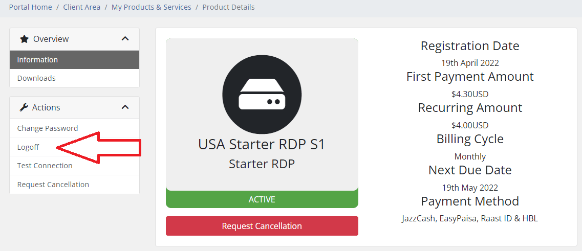 RDP Client Area Logoff